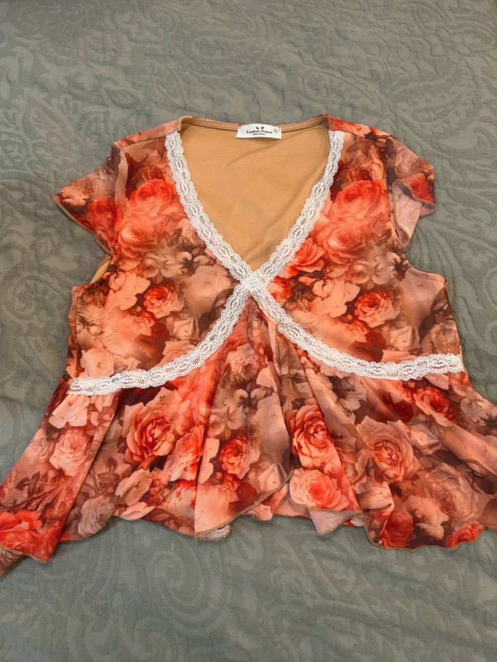 LuLaRoe Peach and Coral Floral V-Neck Lace Trim Top